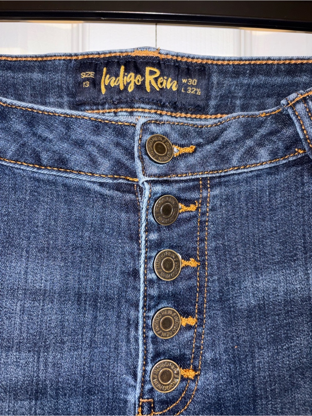 Indigo Rein Flare Jeans Size 13 W30 L32.5 Distressed Button Fly Dark Wash - Picture 2 of 4